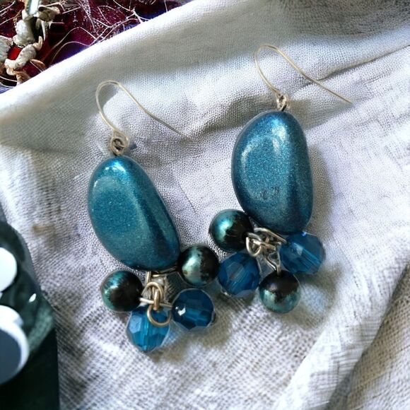 Teardrop Beaded Earrings Dangle Silver Metallic Blue Tone Boho Gypsy Beachy Con - Picture 12 of 15